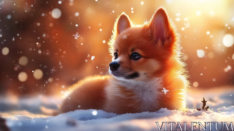 Small orange dog lying in shallow winter snow at sunset.