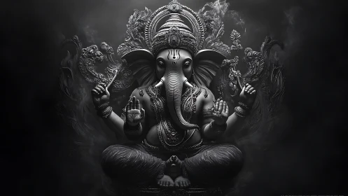 Dark monochrome 3D render of Lord Ganesha seated calmly.