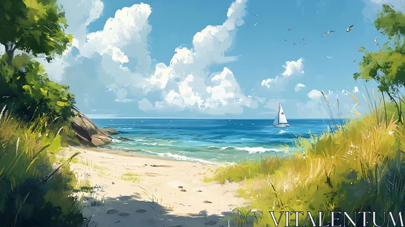 Coastal sailboat under radiant cumulus clouds at noon light.