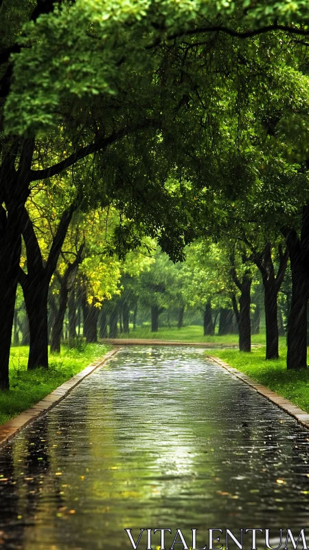 Tree-lined park pathway with wet reflective surface in rain.