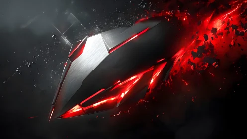 Futuristic metallic shield with glowing red accents, digital art style.