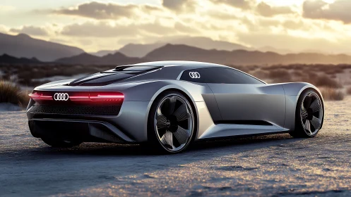 Futuristic Audi concept car rendered in cinematic desert lighting