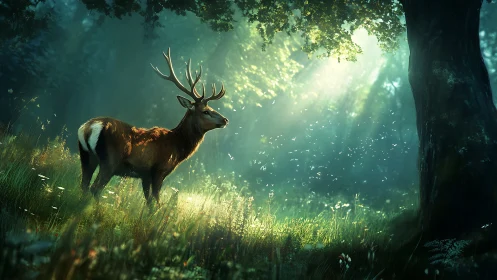 Backlit stag in volumetric forest light with high-detail foliage