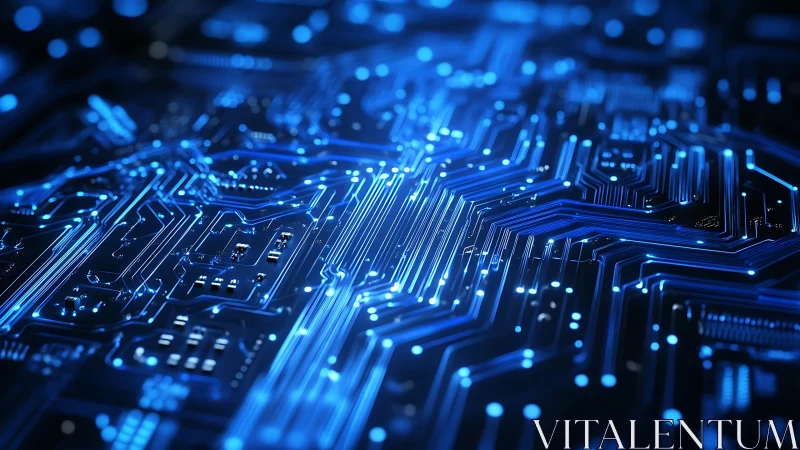 Blue circuit board pathways with glowing digital traces.