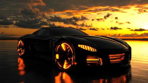 Futuristic black sports car glows against fiery sunset horizon.