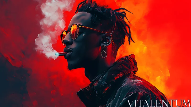 Profile view of smoker in red vapor environment.