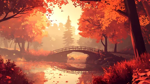 Autumn woodland bridge over reflective river, warm backlighting