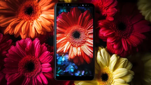 Smartphone Blooms: Digital Gerberas Meet Nature's Chromatic Stage.