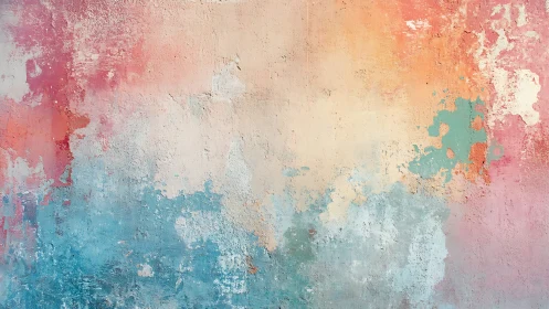 Soft weathered pastel wall blends coral, teal, and cream tones.