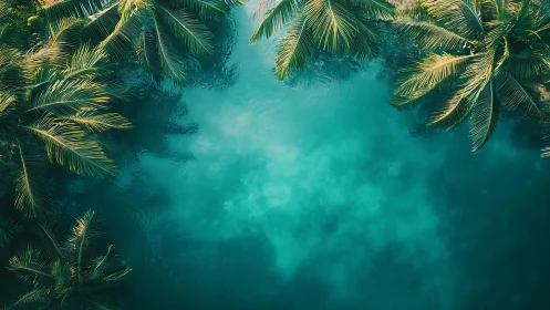 Emerald Canopy Caress: Palms Frame Turquoise Dream.