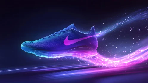 Futuristic Nike running shoe with glowing neon effects in motion.