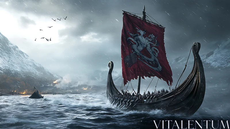 Viking longship cuts through stormy fjord under blood-red sail