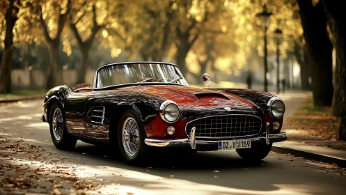 Vintage red convertible parked on tree-lined autumn street