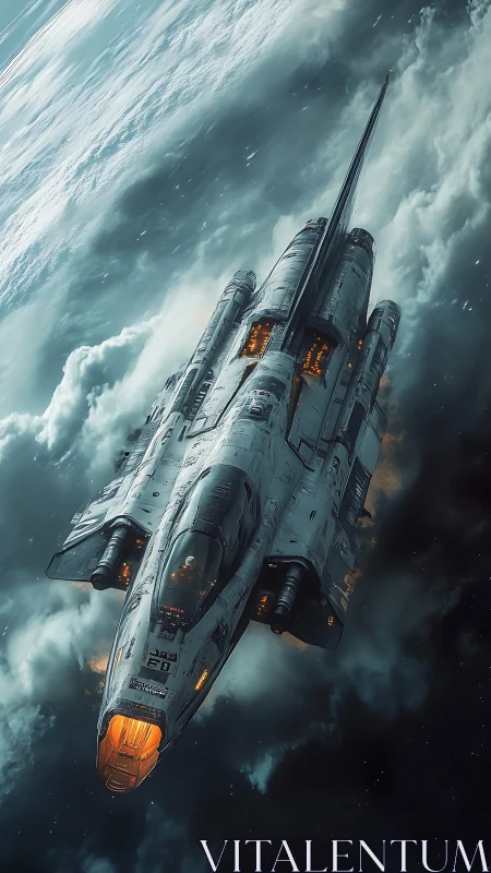 Futuristic spacecraft above clouded planetary atmosphere.