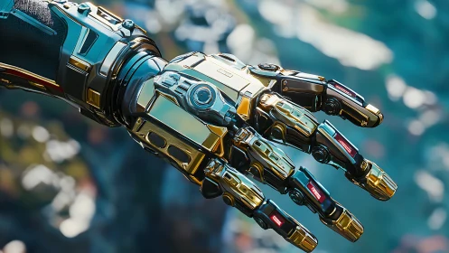 Gilded cybernetic hand reaching into a blurred neon horizon.