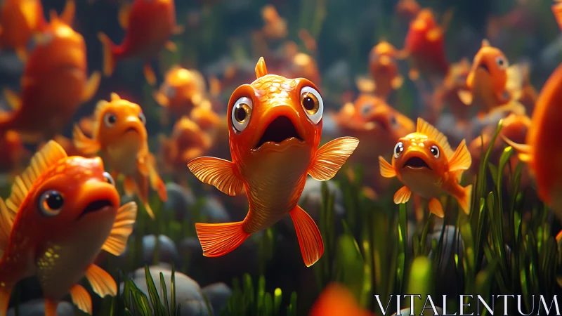 3D stylized goldfish swarm with expressive focal subject.