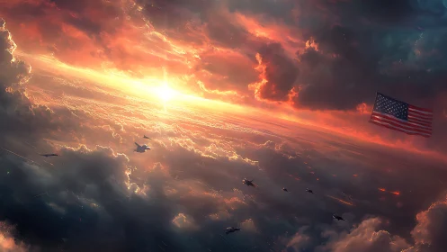 Sunlit squadrons carve burning paths through tilted heavens