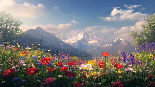 Wildflower meadow basking beneath gentle alpine peaks.