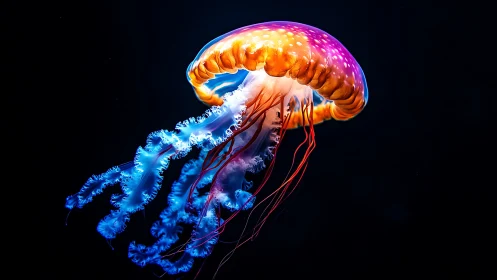 Radiant jellyfish drifts through dark water in neon glow.