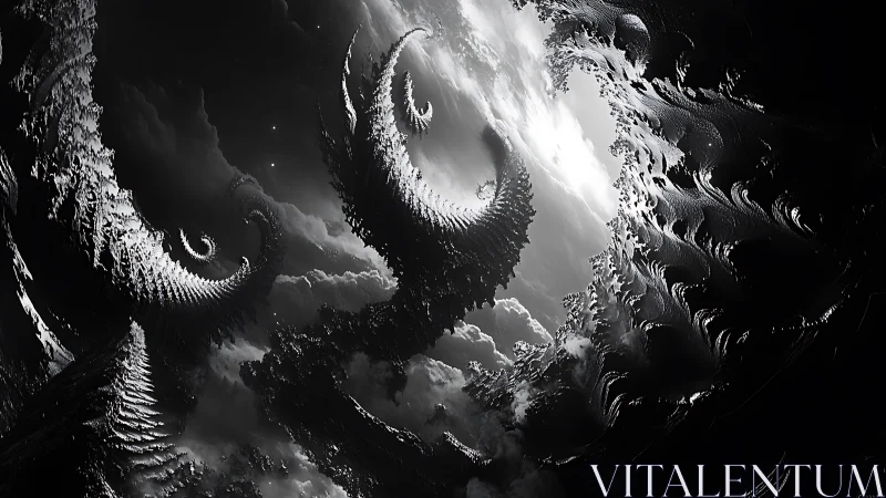 Fractal storm dragons coiling through monochrome cloudscape.