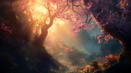 Forest Cavern with Flowering Trees and Golden Light