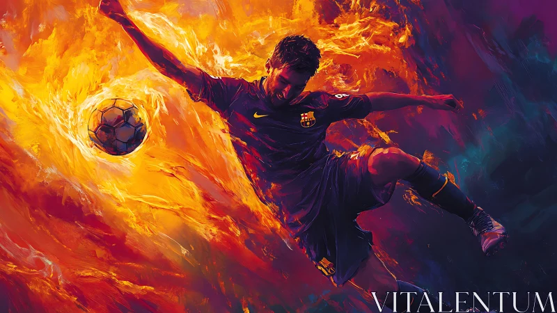 Fiery soccer strike merges athlete motion and blazing color.