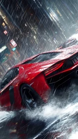 Red sports car speeding through wet neon city street rain.
