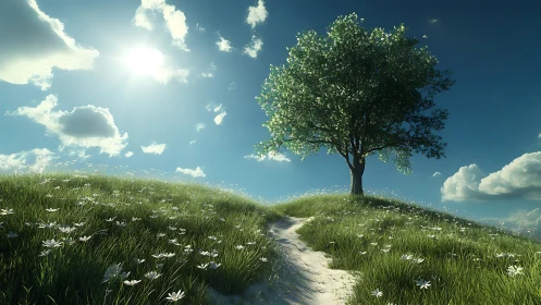 Lone hilltop tree crowns sunlit meadow under deep sky.