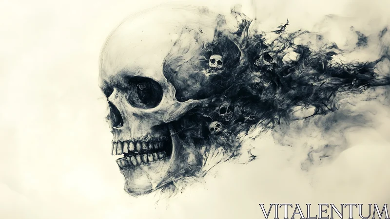 Human skull with fragmented smoky forms and smaller crania.