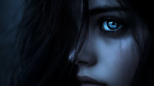 Glimmering blue eye watches softly through shadows and silence