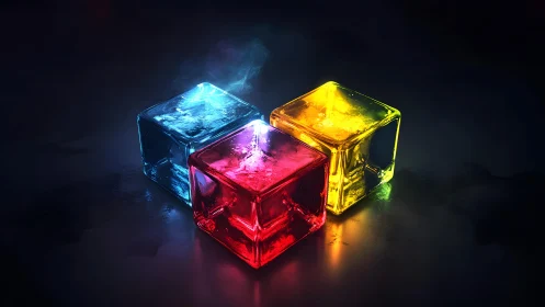 Luminous RGB ice cubes with volumetric glow on wet glass surface.