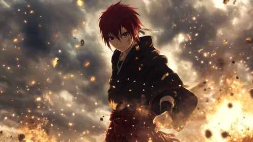 Fiery anime warrior commands explosive embers in storm clouds