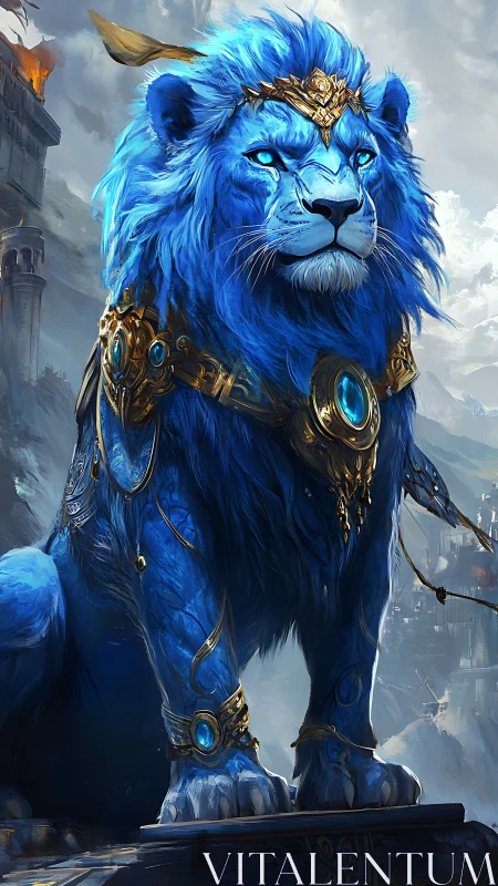 Sapphire lion monarch keeps stormlit citadel under calm watch