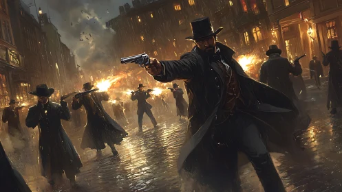Victorian gunfight erupts on rain-soaked cobblestone street.