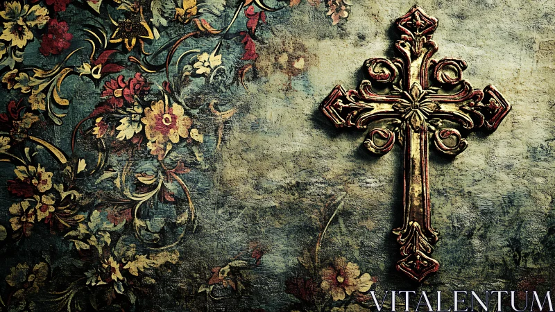 Gilded ornamental cross mounted on distressed floral plaster wall