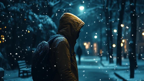 Hooded figure with backpack on snowy night city street.