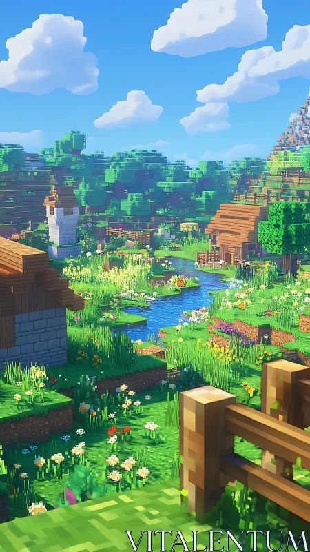 Blocky rural landscape with river, houses and far hills.