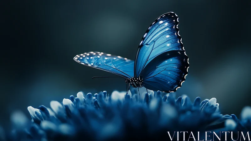 Blue butterfly rests on flower in cool bokeh light