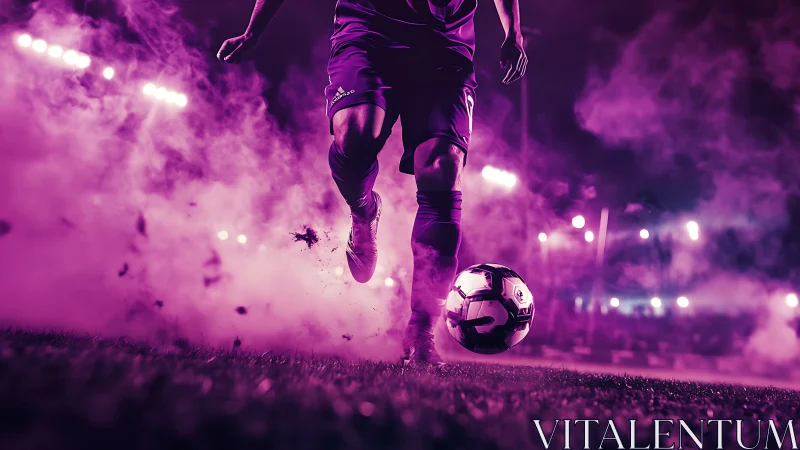 Dynamic soccer striker in magenta stadium smoke haze.