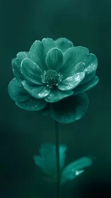 Teal Camellia Blossom with Dewdrops Against Monochromatic Background.