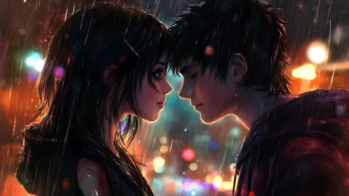 Rain-soaked neon city lovers in close cinematic profile.