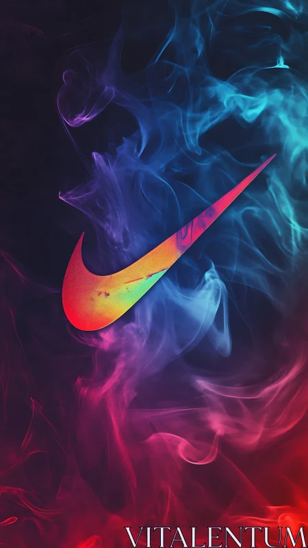 Nike swoosh logo in multicolor smoke on dark background.