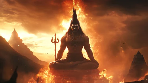 Fiery meditative deity dominates blazing twilight sky.
