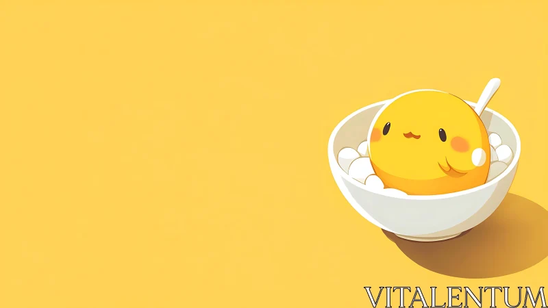 Sunny dumpling chick relaxing in a cozy dessert bowl.