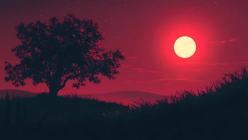 Solitary tree crowns ridge under glowing crimson moon sky