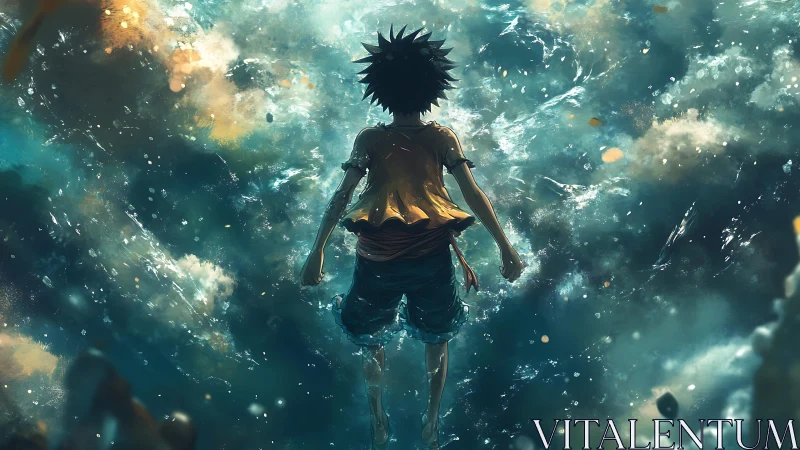 Boy confronts storm-tossed ocean under glowing turbulent sky.