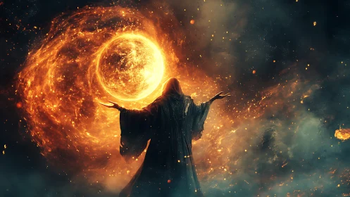 Hooded figure stands before swirling fiery orb in darkness