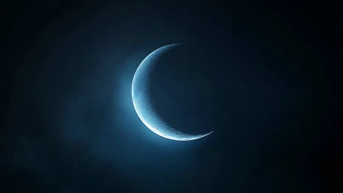 Crescent moon is rendered with sharp detail against dark void