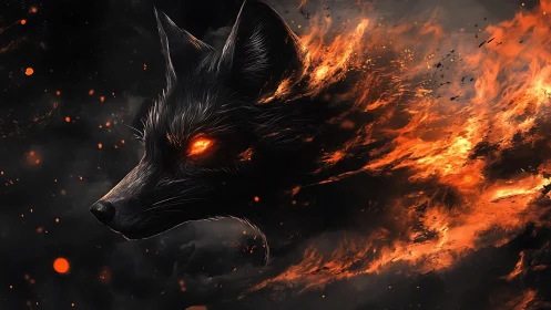 Volumetric fire wolf portrait merges embers with flowing fur