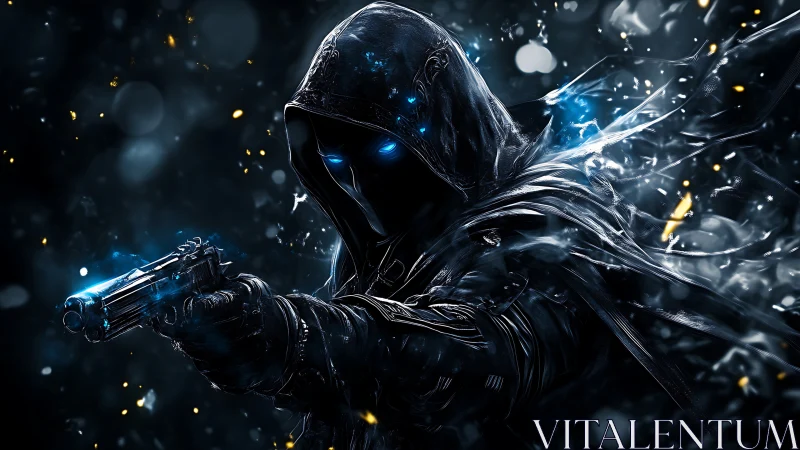 Midnight gunslinger cloaked in crackling blue starlight.